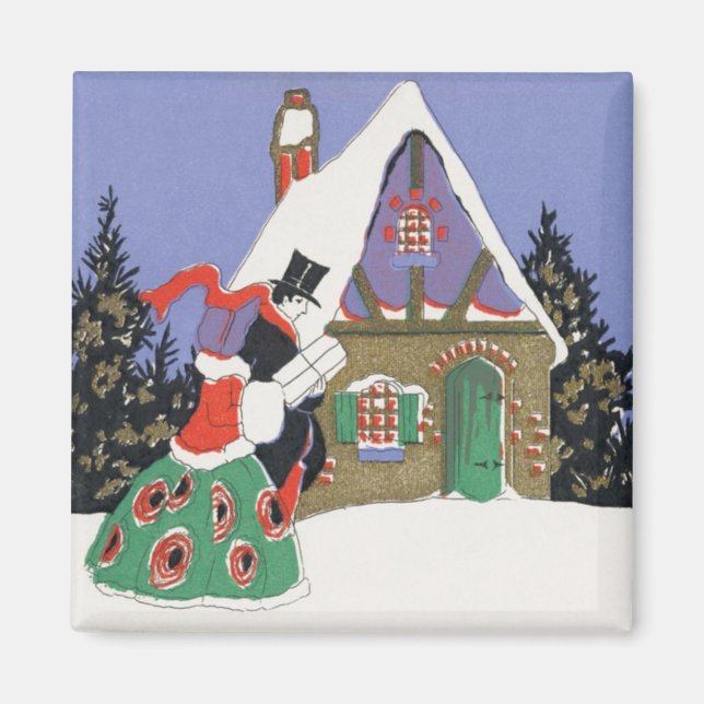 Aimant Noël vintage, Couple victorien à la fête (Devant)