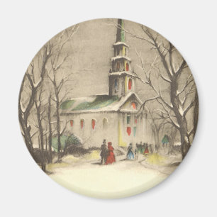 Aimant Noël vintage, Eglise dans le paysage hivernal