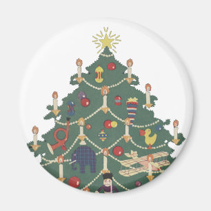 Aimant Noël vintage Enfants autour d'un arbre décoré