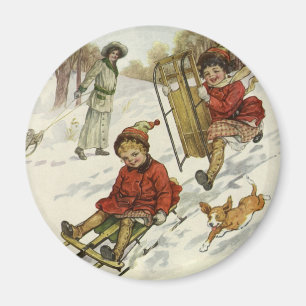 Aimant Noël Vintage, Enfants Victoriens Dormir Chien