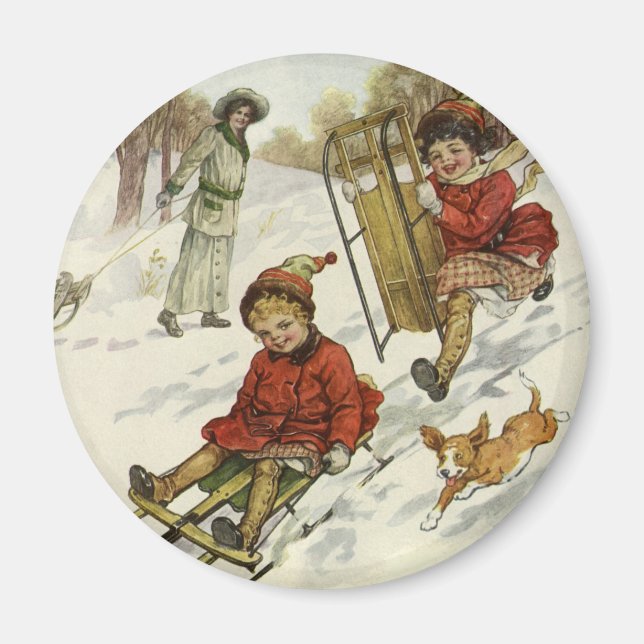 Aimant Noël Vintage, Enfants Victoriens Dormir Chien (Devant)
