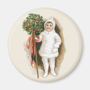 Aimant Noël vintage, fille victorienne avec houx