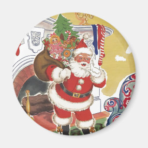 Aimant Noël vintage, Jolly Père Noël avec des présents