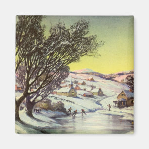 Aimant Noël Vintage, Lac gelé avec patineurs sur glace