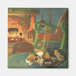 Aimant Noël Vintage, Les animaux dormant par cheminée