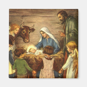 Aimant Noël Vintage, Nativité Religieuse avec Bébé Jésus