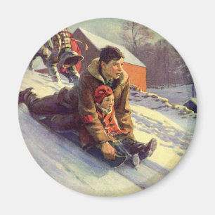 Aimant Noël vintage, père et fille faisant de la luge
