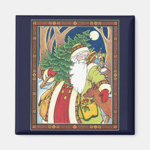 Aimant Noël vintage, Père Noël Cerf en forêt