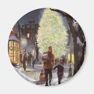 Aimant Noël vintage, Père Shopping avec les enfants