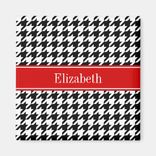 Aimant Noir Blanc Houndstooth Nom rouge Monogramme
