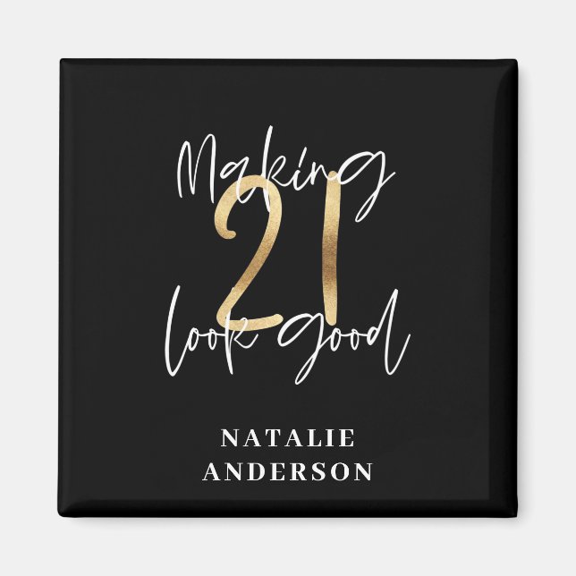 Aimant Noir et or 21e anniversaire script moderne design (Devant)