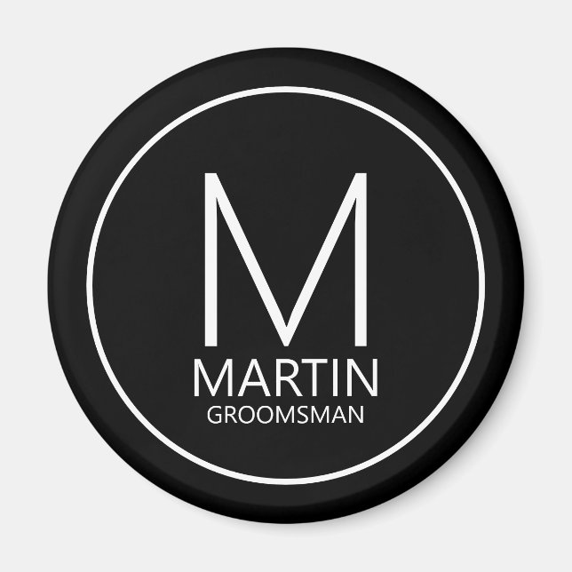 Aimant Noir Moderne Personnalisé Monogramme&Nom Groomsmen (Devant)
