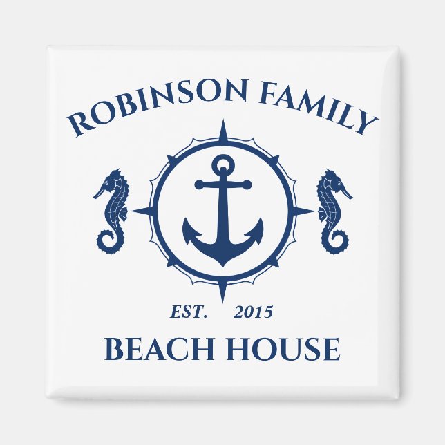 Aimant Nom de famille Beach House Seahorse Ancre Bleu Bla (Devant)