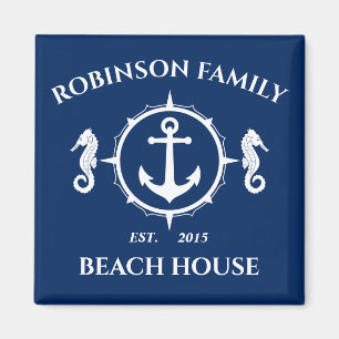 Aimant Nom de famille Beach House Seahorse Ancre Navy Blu