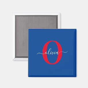 Aimant Nom de script de monogramme personnalisé bleu blan