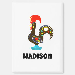 Aimant Nom personnalisé Barcelos Portuos Rooster Noir