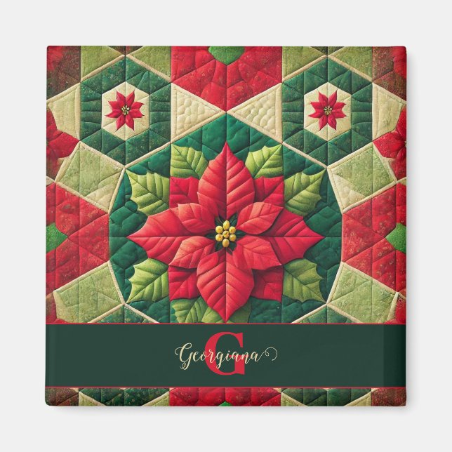 Aimant Nom personnalisé Festif Floral Patchwork Poinsetti (Devant)