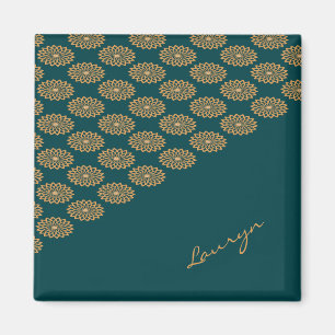 Aimant Nom personnalisé floral brun sur vert pin