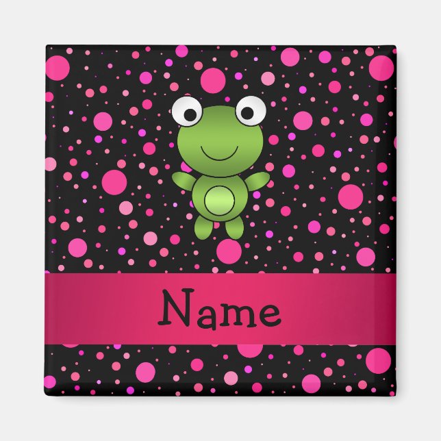 Aimant Nom personnalisé grenouille pois roses noirs (Devant)