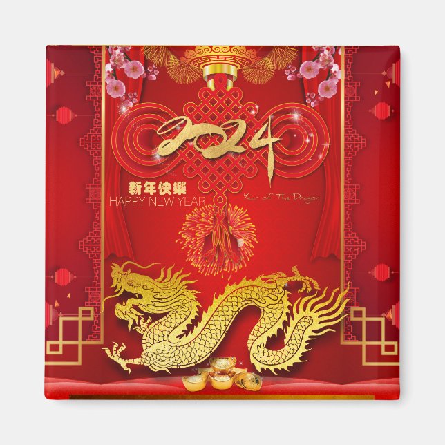 Aimant Nouvel An chinois 2024 Dragon Rouge noeud sqM (Devant)