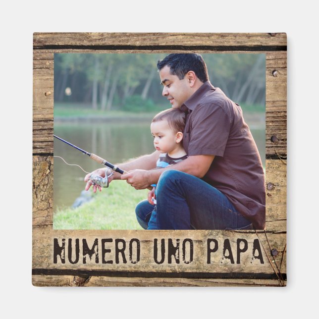Aimant Numero Uno Papa en photo rustique à cadre de bois (Devant)