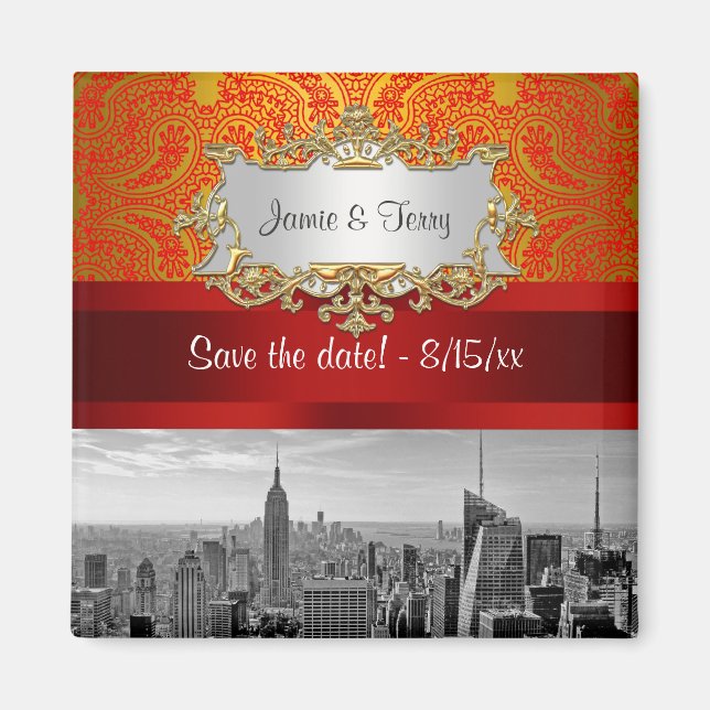 Aimant NY City Skyline BW 112 Red Gold Paisley Date de sa (Devant)