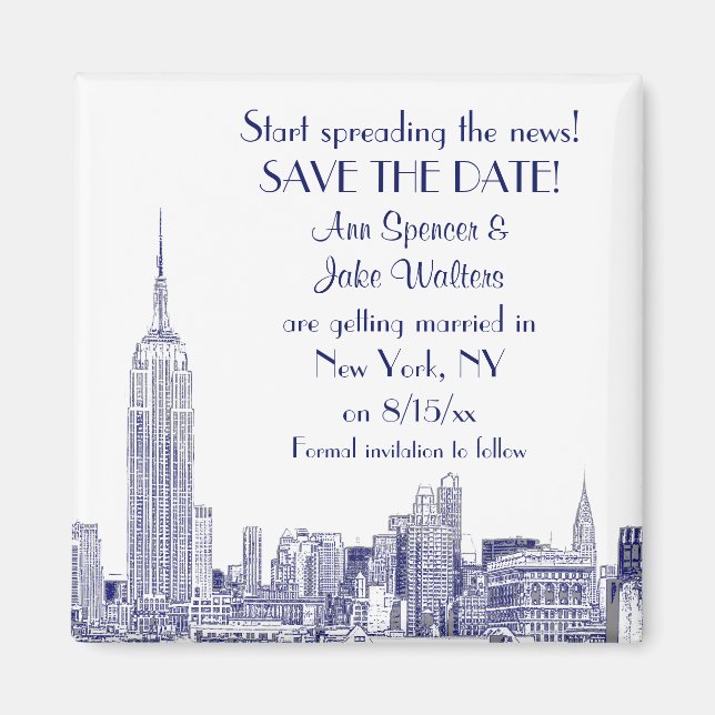 Aimant NYC Skyline 01 Gravé Sauvegarder la Date Bleu (Devant)