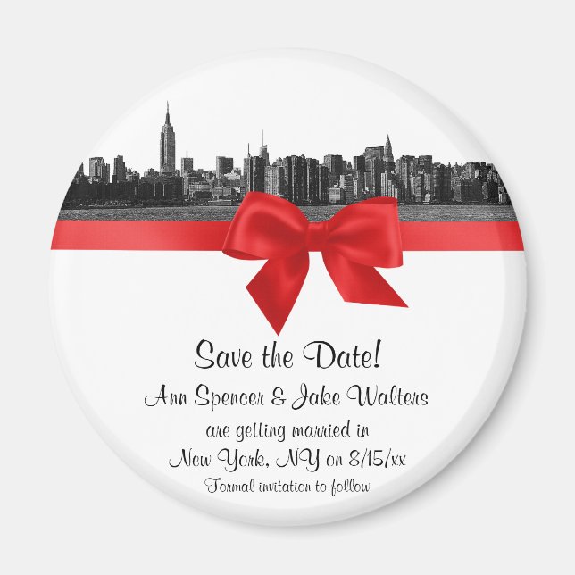 Aimant NYC Wide Skyline Etched BW Red Enregistrer la date (Devant)