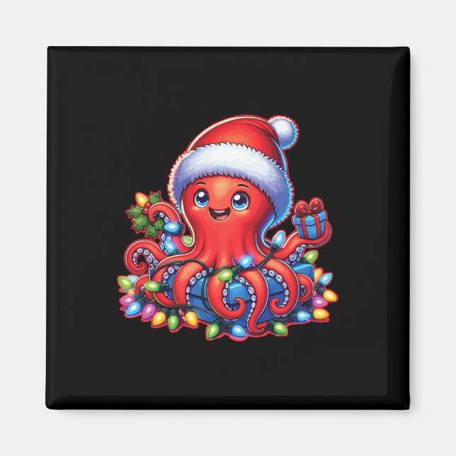 Aimant Octopie De Noël Avec Chapeau De Père Noël Et Lumiè (Devant)