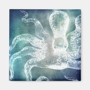 Aimant Octopus Midnight Blue Aquarelle Turquoise Art Vint