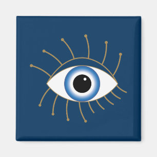 Aimant Oeil Mal Grec Avec Lashes Bleu Blanc Or