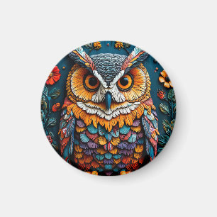 Aimant Œuvre d'art colorée de hibou avec détails complexe