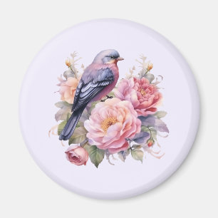 Aimant Oiseau chanteur perché sur des pivoines roses