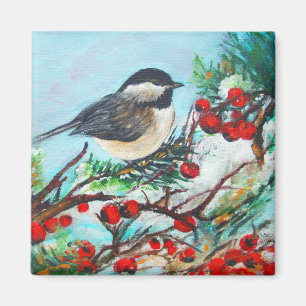 Aimant Oiseau de Chickadee Noir-Couvert par hiver