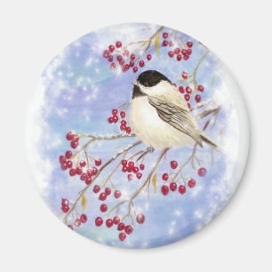 Aimant Oiseau d'hiver à travers la fenêtre neigeuse. Scèn
