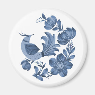 Aimant Oiseau et fleurs d'art populaire bleu élégant 