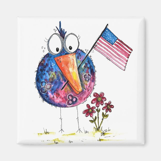 Aimant Oiseau patriotique blanc mignon avec drapeau (Devant)