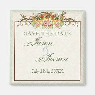 Aimant Oiseau vintage et roses - sauvez l'aimant de date