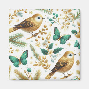 Aimant Oiseaux dorés et papillons émeraude