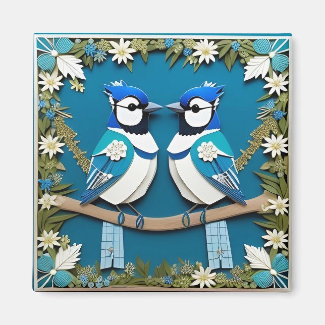 Aimant Oiseaux geai bleu Art en papier pour les amoureux  (Devant)