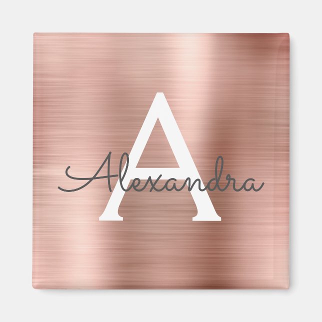 Aimant Or rose - Rose Gold Monogrammé Nom Métal Brossé Ro (Devant)