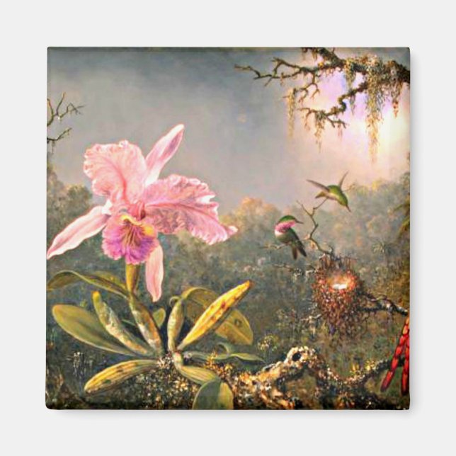 Aimant Orchidée de Cattleya et trois colibris (Devant)