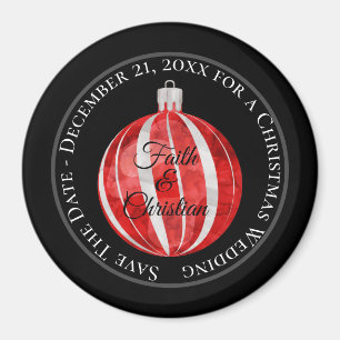Aimant Ornement de Noël rayé rouge/Enregistrer la date