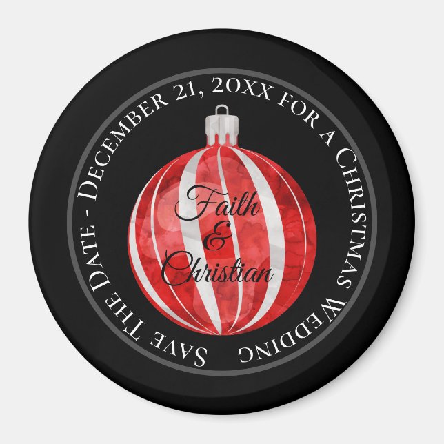 Aimant Ornement de Noël rayé rouge/Enregistrer la date (Devant)