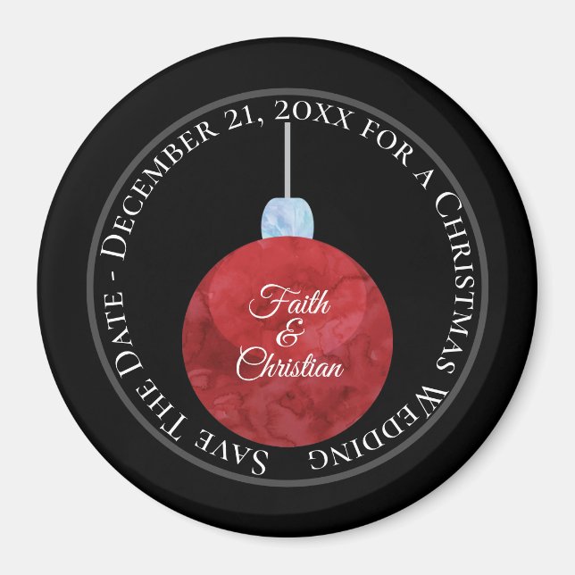 Aimant Ornement de Noël rouge/Enregistrer la date/Mariage (Devant)