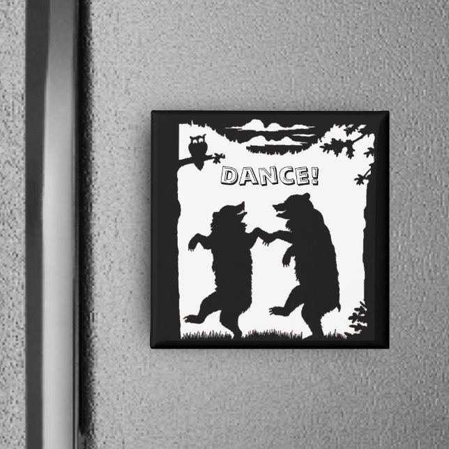 Aimant Ours de danse Silhouette noire (Two black bears in silhouette dancing under trees with owl on black white square Dance magnet.)