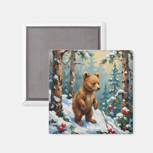 Aimant Ours en peluche vintage dans la forêt de pins enne