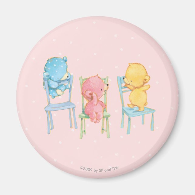 Aimant Ours jaunes, roses et bleus sur chaises (Devant)