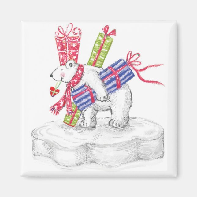 Aimant Ours polaire en caricature mignonne avec cadeaux d (Devant)