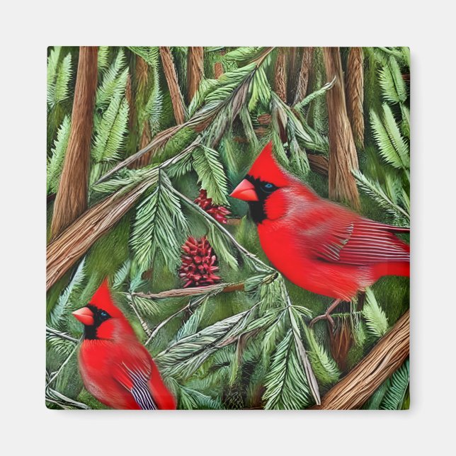 Aimant Paire des Cardinaux rouges sauvages majestueux (Devant)
